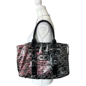 Y2K “GUESS” Black and Pink Monogram Print Zebra Print Lined Shoulder Bag